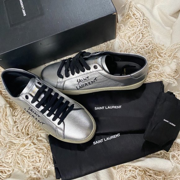 Saint Laurent Shoes - SAINT LAURENT Silver Court Classic Leather Sneakers Metallic